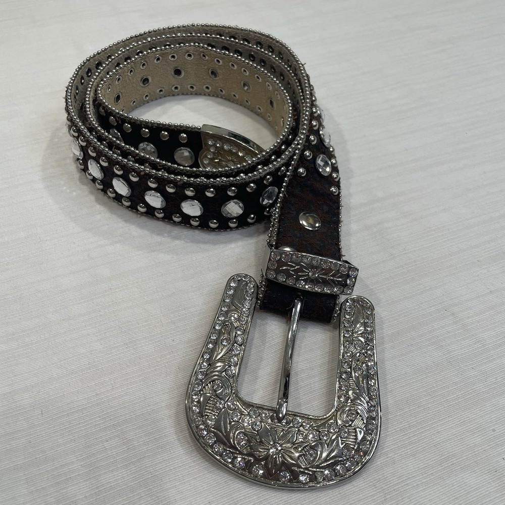 Blazin Roxx Women's Leather Western Belt Studded Rhinestone Animal Print 52"